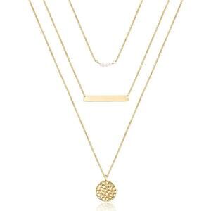 Dainty Layering Simulated Pearls Bar Necklace Hammered Disc Pendant Necklaces